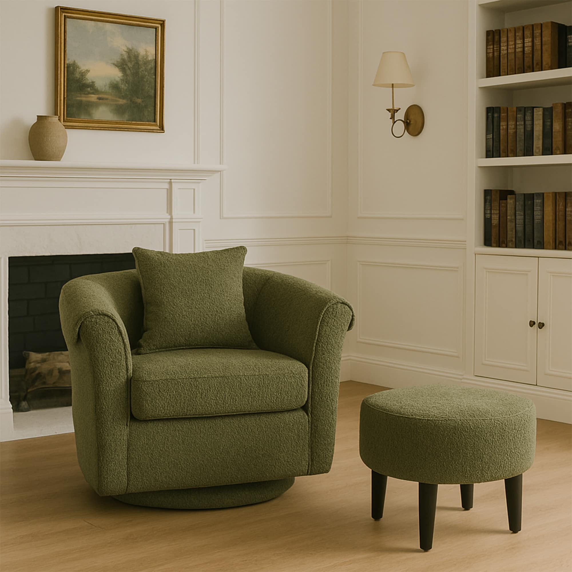 Swivel Accent Chair With Ottoman Set, Modern Chenille Barrel Armchair With Removable Back Pillow & 2 Armrest Covers For Living Room, Bedroom, Office, Green_voghion.com